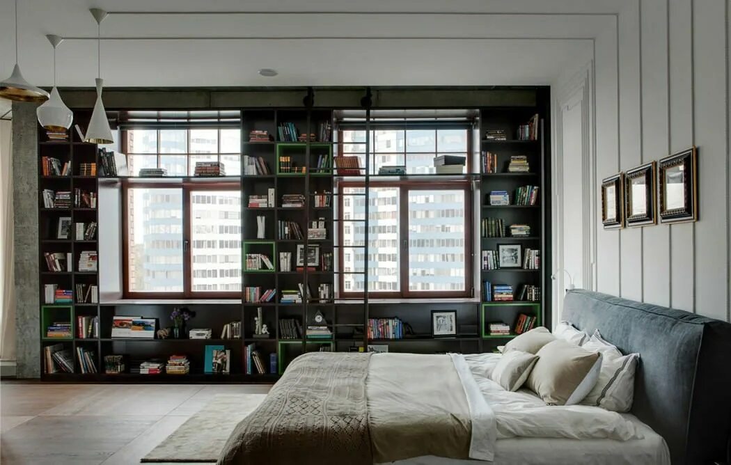 Книга лофт стиле 014-ohdessa-apartment-2bgroup HomeAdore Apartment design, Bedroom with bookshelf