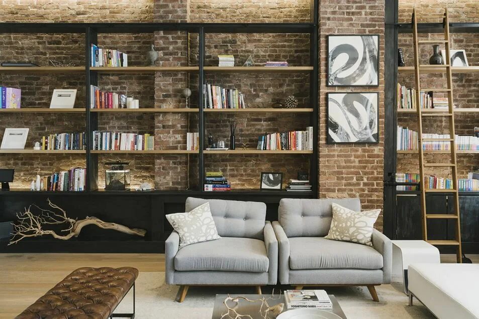 Книга лофт стиле Page temporairement indisponible Brick wall living room, Contemporary apartment,