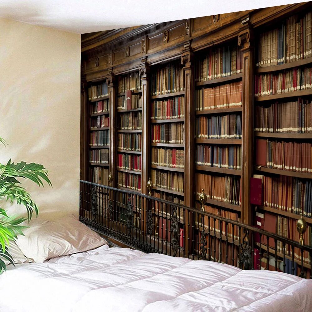 Книжная стена фото Vintage Retro Wall Carpet Book Library Bookshelf Printed Wall Tapestry Art Bedro