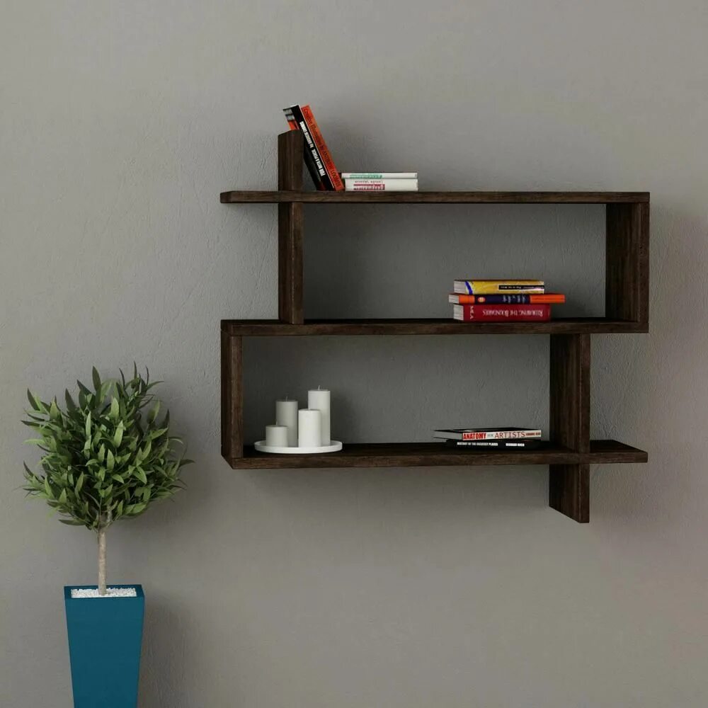 Книжные полки на стену фото Tayse Rugs Westcott Dark Brown Mid-Century Modern Wall Shelf DCRW2032 - The Home