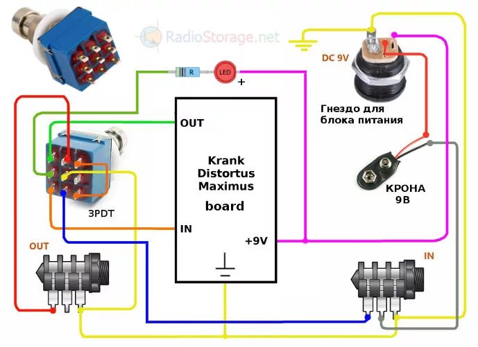 Кнопка педаль подключение Krank Distortus Maximus - схема дисторшн педали