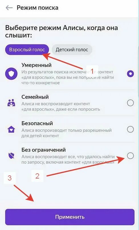 Кнопка подключения на алисе Как включить режим поиска без ограничений в Алисе?