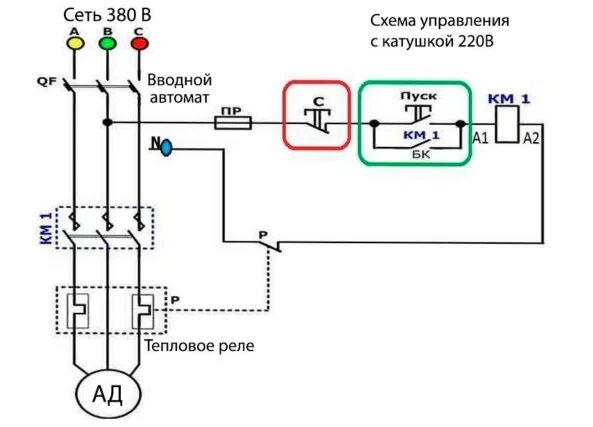Кнопка пуск стоп схема подключения 220 Схема подключения электродвигателя через магнитный пускатель HeatProf.ru