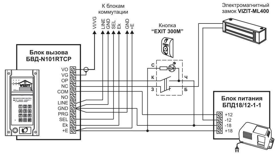 Кнопка выхода для электромагнитного замка схема подключения БВД-N101RTCP Vizit - купить в Москве по выгодной цене