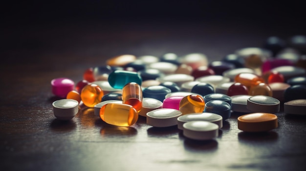 Куча таблеток фото Белая коробка с красным крестом стоит на столе рядом с баночкой с таблетками. Пр