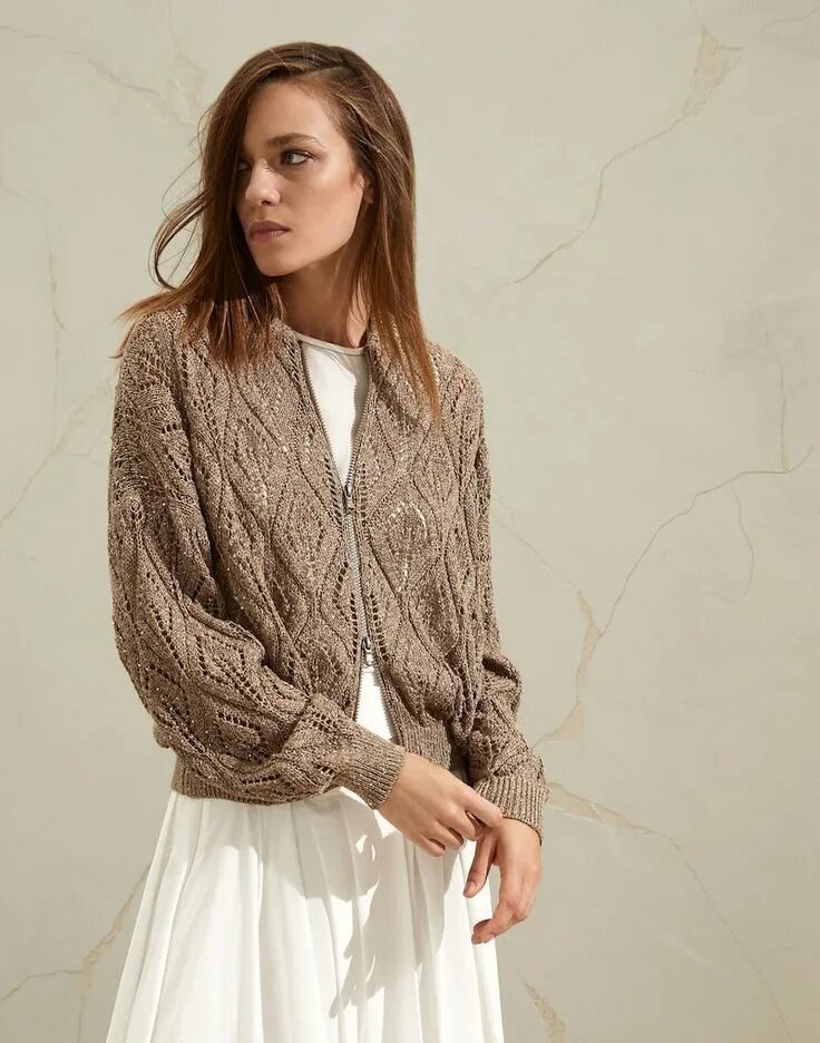 Кучинелли вязаная одежда 2024 женская спицами схемы Кардиган из льна и хлопка (211MAJ584906) - Женщина Brunello Cucinelli Knit outfi