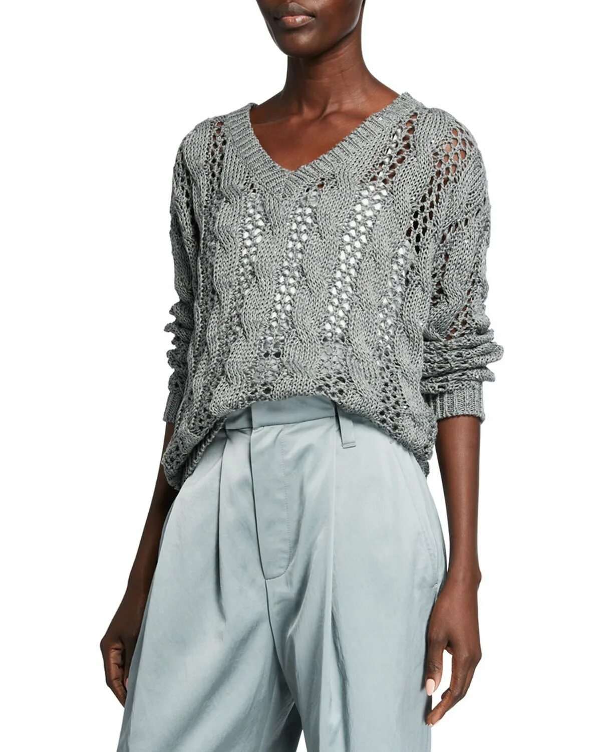 Кучинелли вязаная одежда 2024 женская спицами схемы Brunello Cucinelli V-Neck Cable & Flat Rib Sweater Pullover styling, Ribbed swea