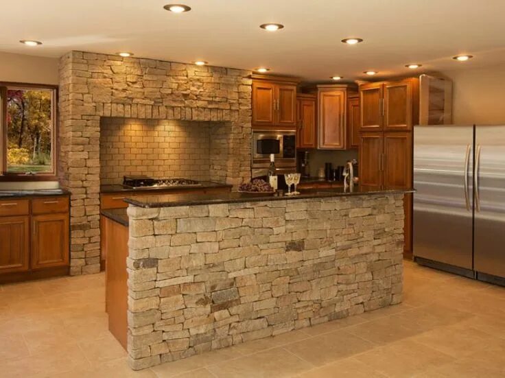 Кухня чем отделать стены недорого фото Stone kitchen island, Brick kitchen island, Stone kitchen