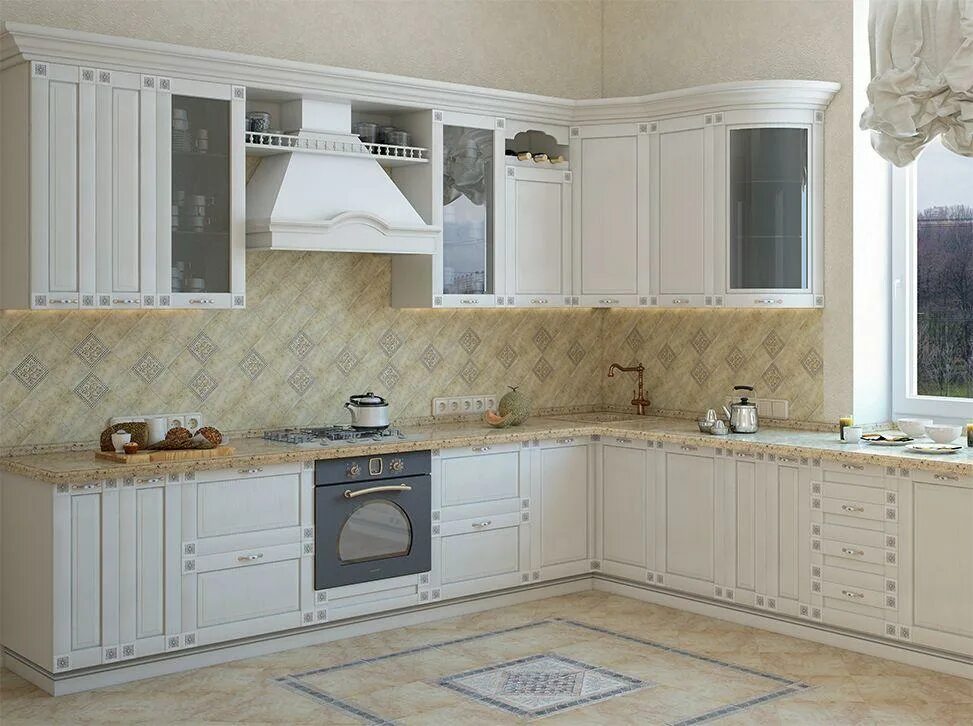 Кухня флора союз мебель фото в интерьере Кухня Флора белоснежный с серебряной патиной - Beloni