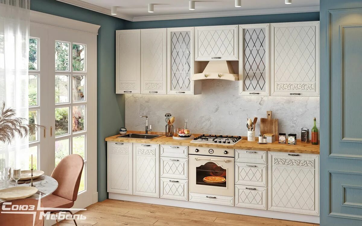 Кухня флора союз мебель фото в интерьере Фасад Флора (РоялВуд Светлый) № 23, № 82 (ШВТ-300, СНТ-300) - купить в Курске по