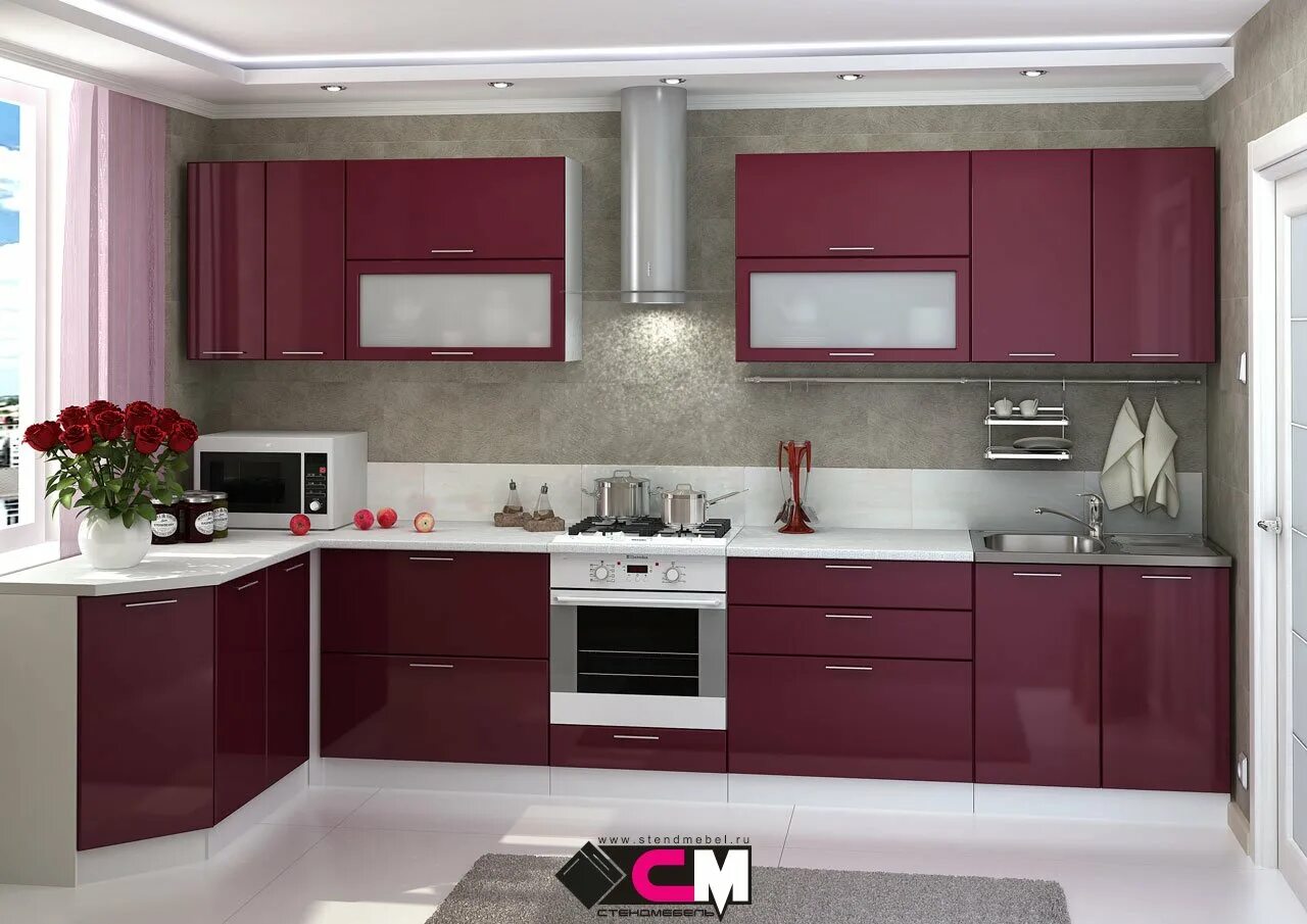 Кухня фото левы Кухонный гарнитур Стендмебель Ксения 360 см бордо глянец - купить в Москве, цены