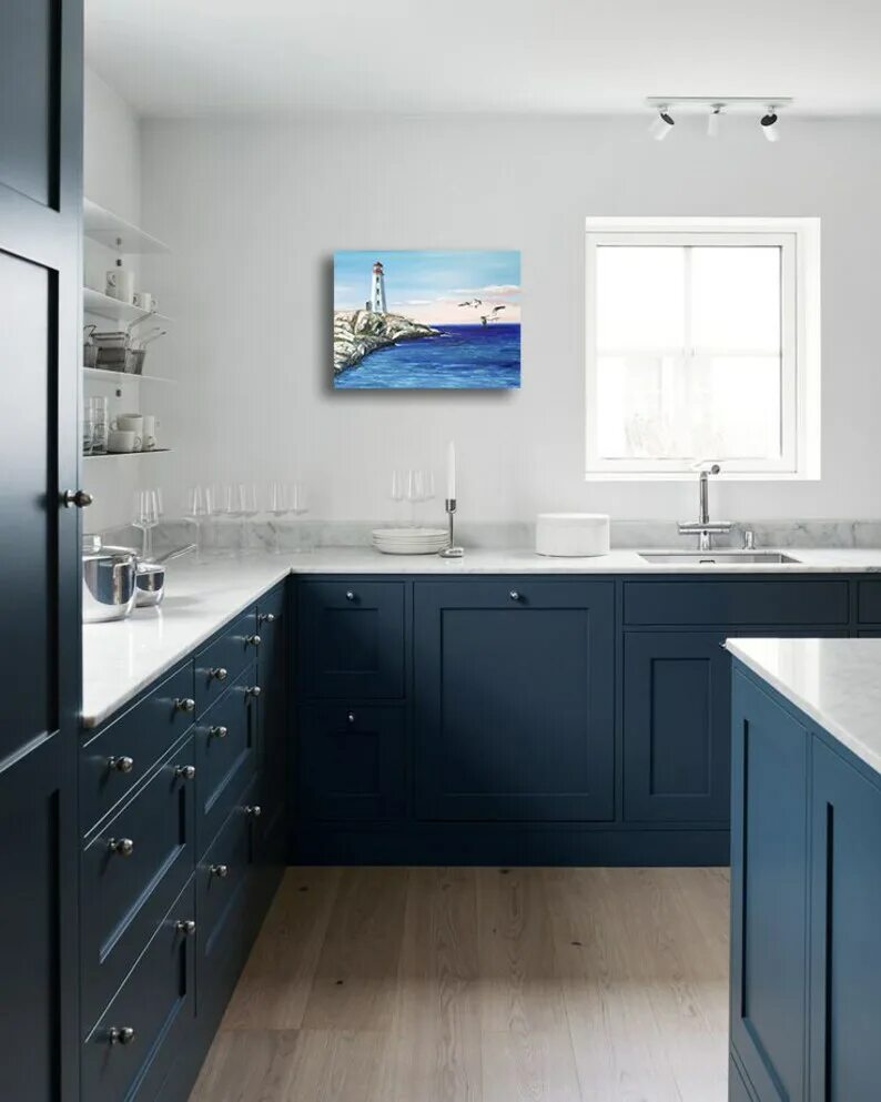 Кухня фото синее серым Lighthouse Painting Seascape Original Oil Nautical Wall Art Etsy