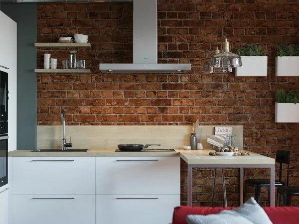 Кухня фото стена из кирпича Small Apartments With Cheerful Colorful Accents Brick kitchen, Interior design k