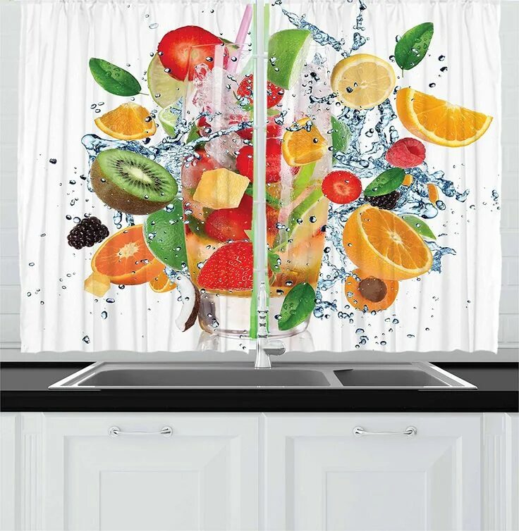Кухня фрукты фото Ambesonne Fruits Kitchen Curtains, Fruit Cocktail with Splashing Liquid Strawber