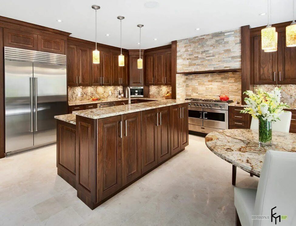 Кухня под дерево интерьер дизайн фото 100 идей дизайна: кухня из камня Отделка кухни искусственныv камнем Classic kitc