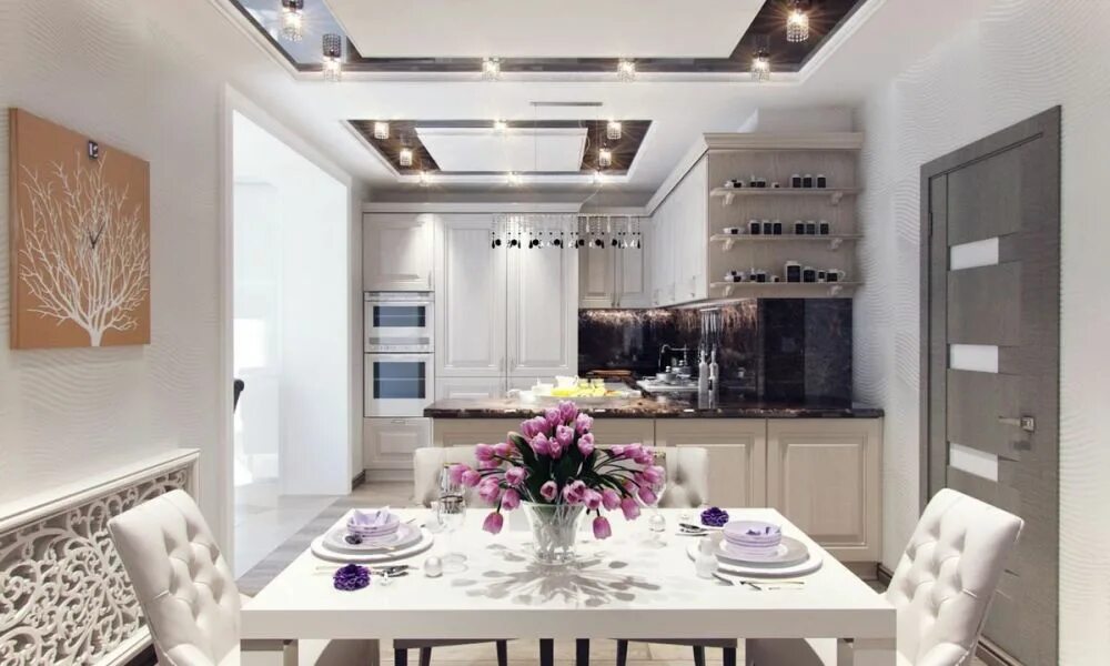 Кухня потолок дизайн интерьер фото Натяжные потолки для кухни-гостиной в Минске, заказать натяжной потолок для кухн