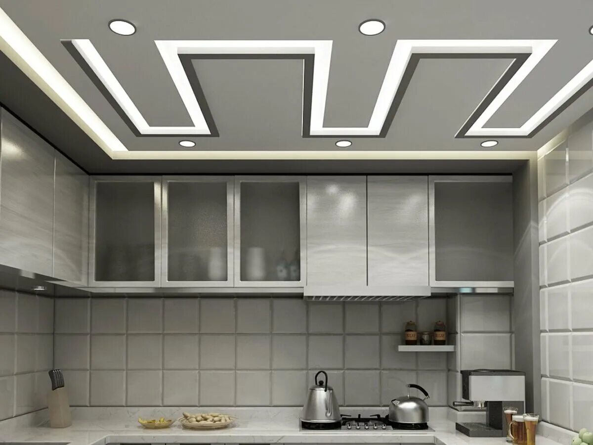 Кухня потолок гипсокартон дизайн фото Двухуровневый потолок из гипсокартона на кухне - 64 фото