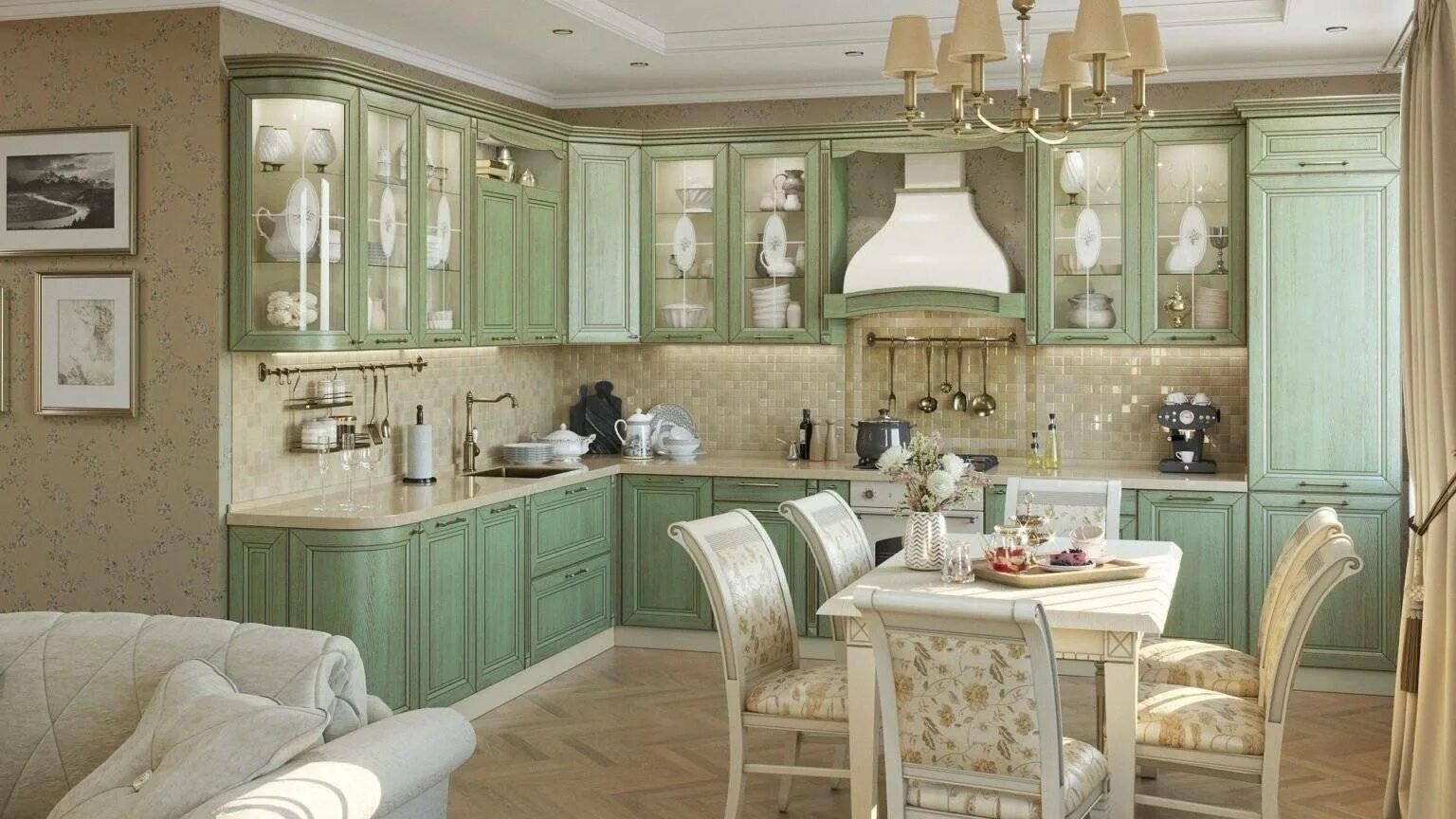 Кухня прованс фисташковая фото в интерьере Зеленые стены на кухне (65 фото): интерьер в стиле Прованс в белых и светло-беже