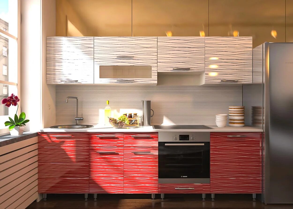 Кухня прямая 2.4 метра дизайн фото Кухня Эдем Лайт Красно-белый дождь