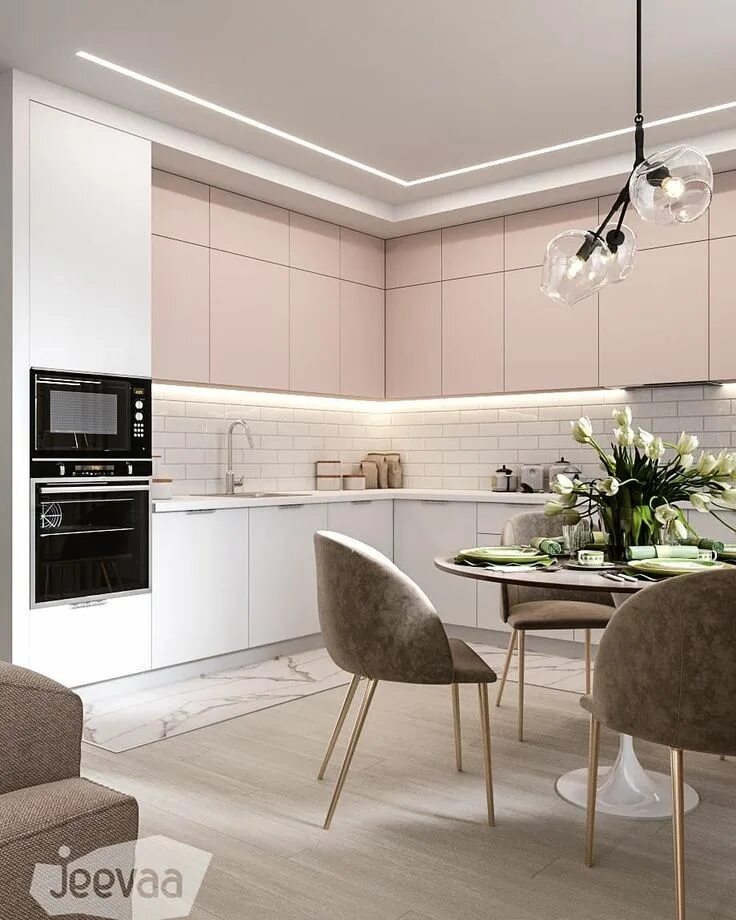 Кухня пудрового цвета в интерьере фото mural #kitchen #kitchendesign #tiledesign #kitchenbacksplash #interiors Diseño d