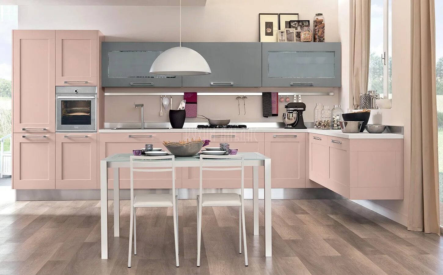 Кухня пыльная роза в интерьере фото Большая угловая кухня "Либер" из массива: купить современную стильную кухню по ц