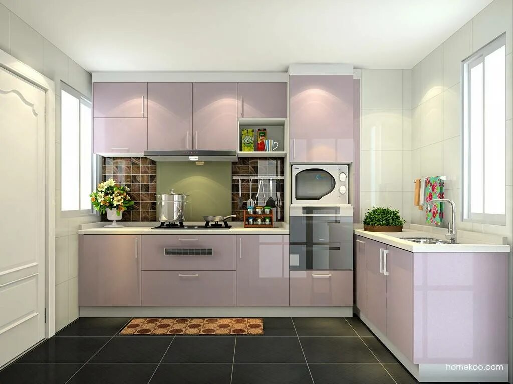 Кухня пыльная роза в интерьере фото Интерьер кухни с розовым кухонным гарнитуром, с серым