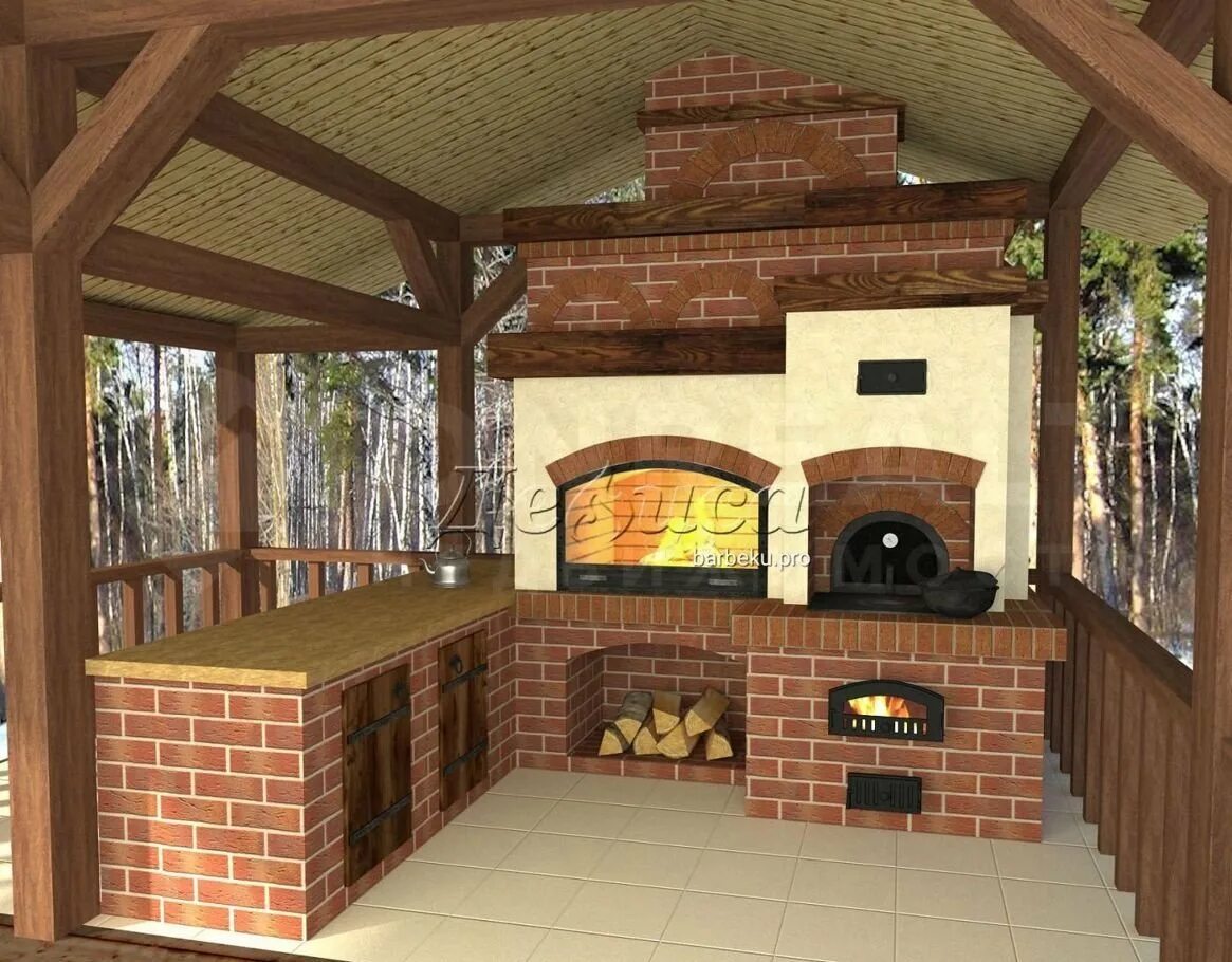 Кухня с барбекю мангалом фото проекты Летняя кухня на даче с барбекю и мангалом: проекты, фото с печью и казаном