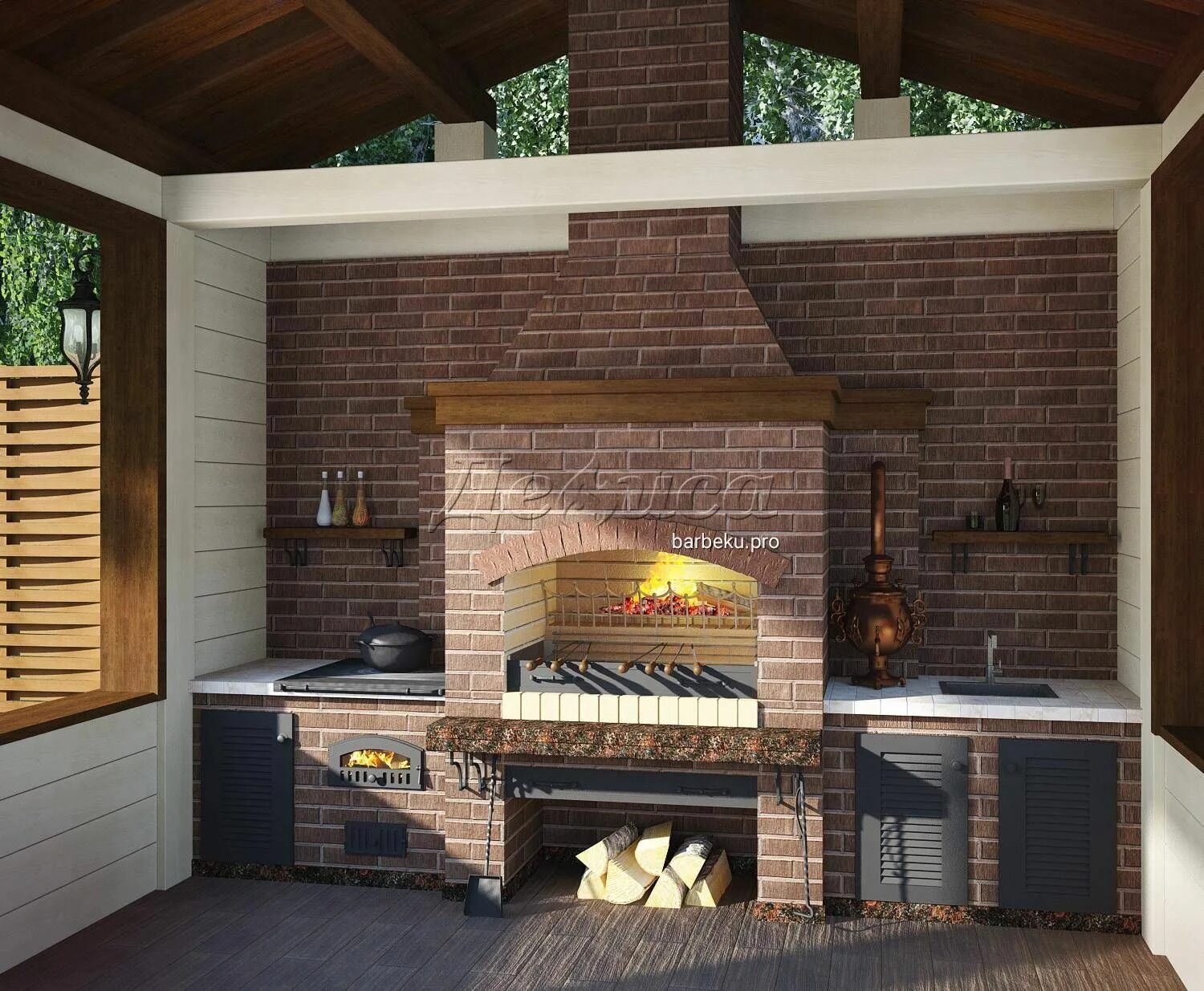 Кухня с барбекю мангалом фото проекты Барбекю комплекс в русском стиле с казаном, мангалом с функцией камина, столешни