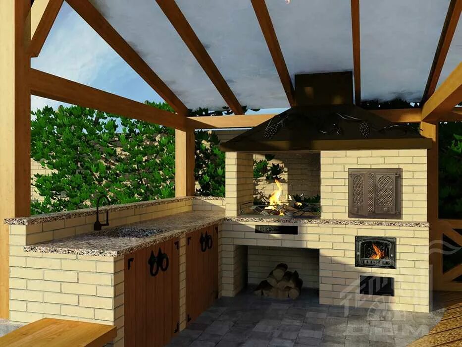 Кухня с барбекю мангалом фото проекты Мангальная зона севастополь