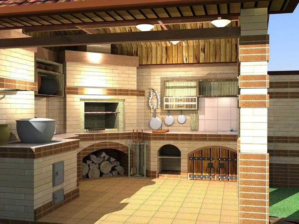 Кухня с барбекю мангалом фото проекты Летняя кухня на даче с барбекю и мангалом: проекты, фото с печью и казаном