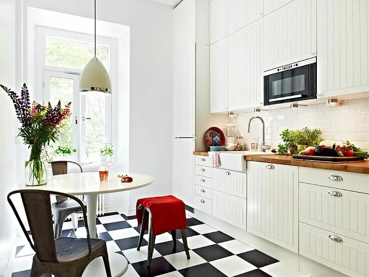 Кухня с белыми обоями фото дизайн eat in - kitchen all on 1 wall charming scandinavian home Kitchen flooring, Home