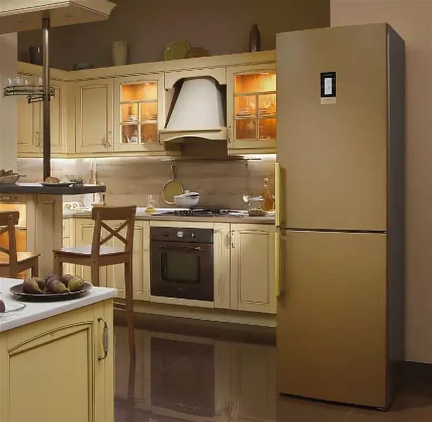 Кухня с бежевой техникой фото "Золотая серия" холодильников Bosch ivd.ru