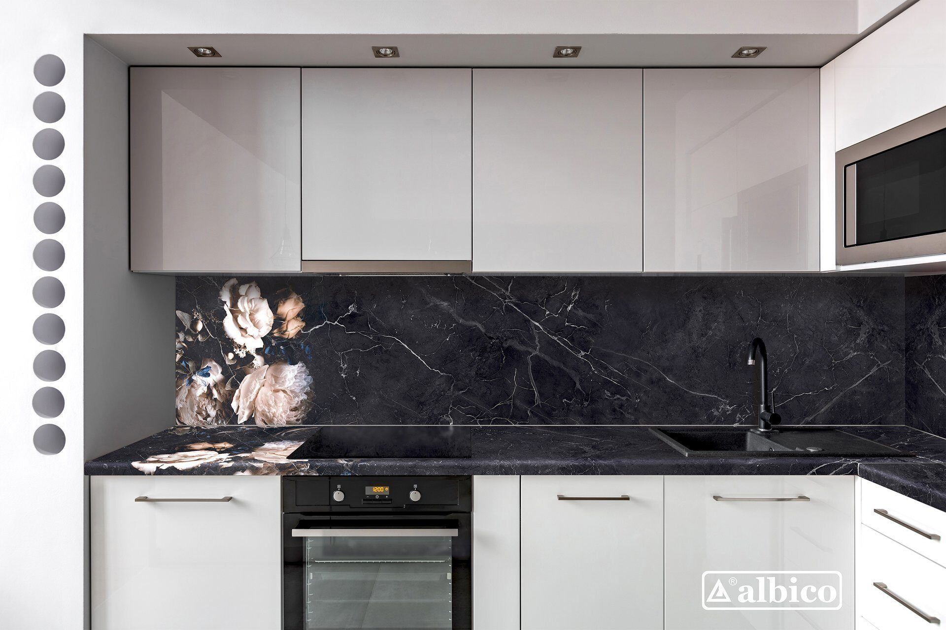 Кухня с черным фартуком фото Комплект столешницы и стеновой панели с правым рисунком 3050х600 мм Albico А 14 