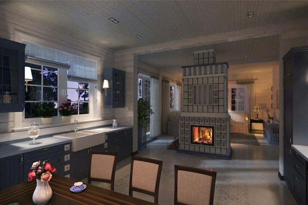 Кухня с камином дизайн в доме Кухня у окна - лучшее решение для первого этажа на даче Мебель 169 - о дизайне и