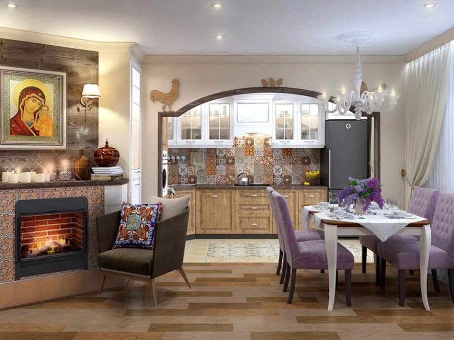 Кухня с камином дизайн в доме Козырина Татьяна дизайн-проект с электрокамином Очаг Opti-Myst Engine (56-600 BB