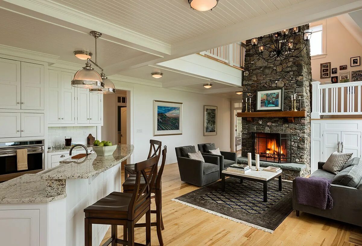 Кухня с камином дизайн в доме Open Kitchen and Living Room with stone Fireplace - Crisp Archtiects Living room