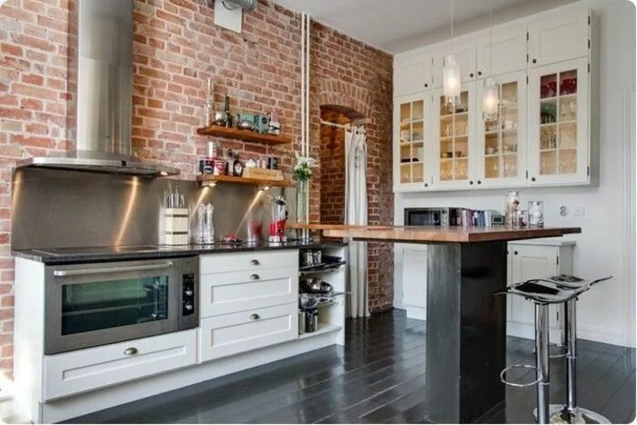 Кухня с кирпичной стеной фото Кухни с кирпичными стенами