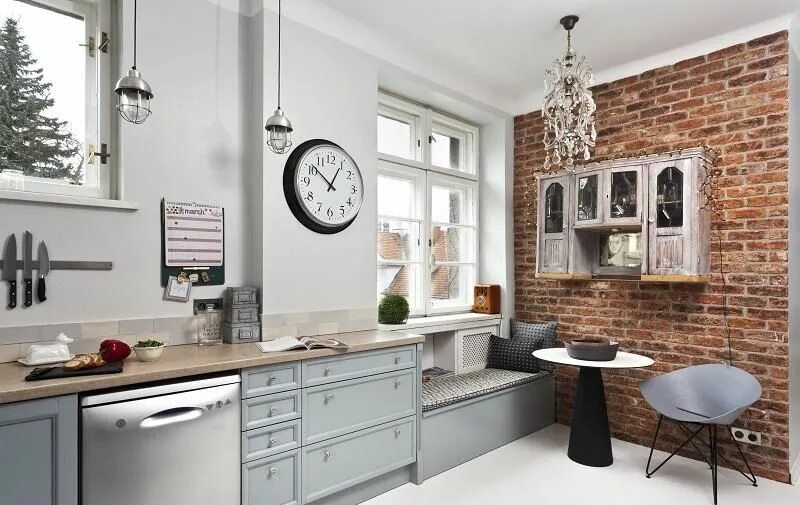 Кухня с кирпичной стеной фото Szara kuchnia z czerwoną cegłą Kitchen cabinets, Home decor, Kitchen