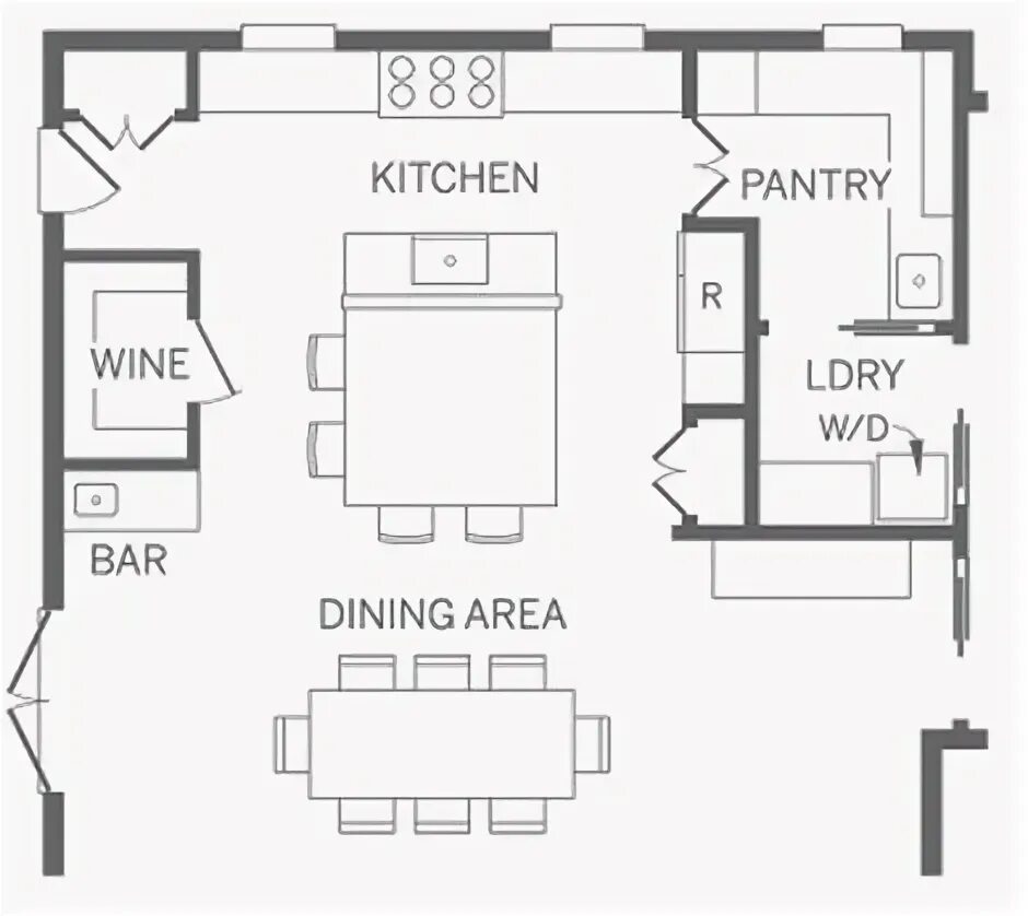 Кухня с кладовой в частном доме планировка Pretty good kitchen layout includes pantry, laundry and dining. #Diningroomideas