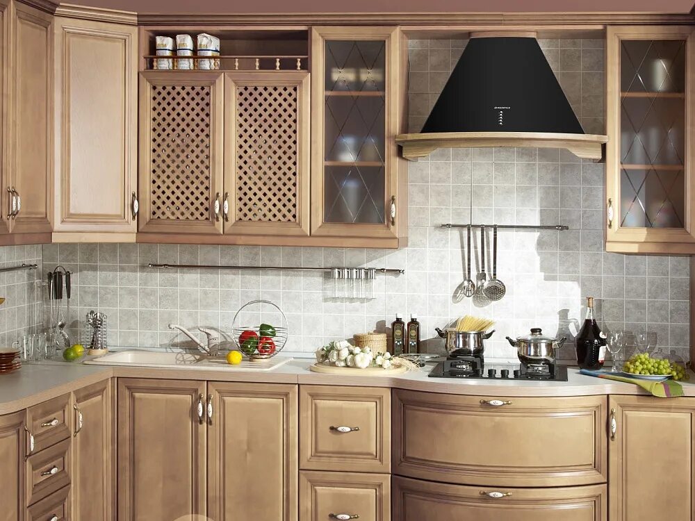 Кухня с купольной вытяжкой фото в интерьере Вытяжка Maunfeld Gretta B 90 черный/неокрашенное дерево в Красноярске купить по 