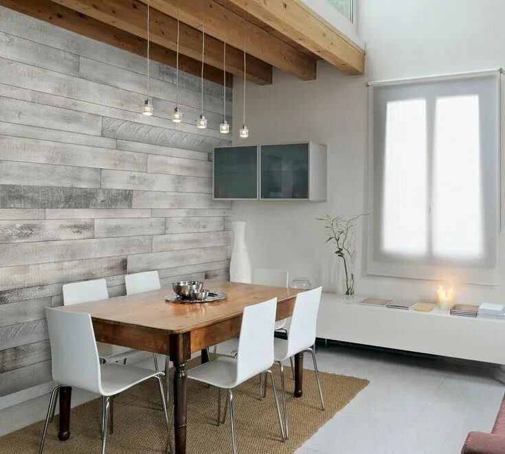 Кухня с ламинатом на стене фото дизайн AS-IS Wood Walls (White-ish) Living, Family, Dining Room, Bedroom, Kitchen, Grey