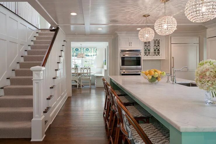 Кухня с лестницей интерьер Incredible kitchen beside stairwell with board and batten paneling over stairs c