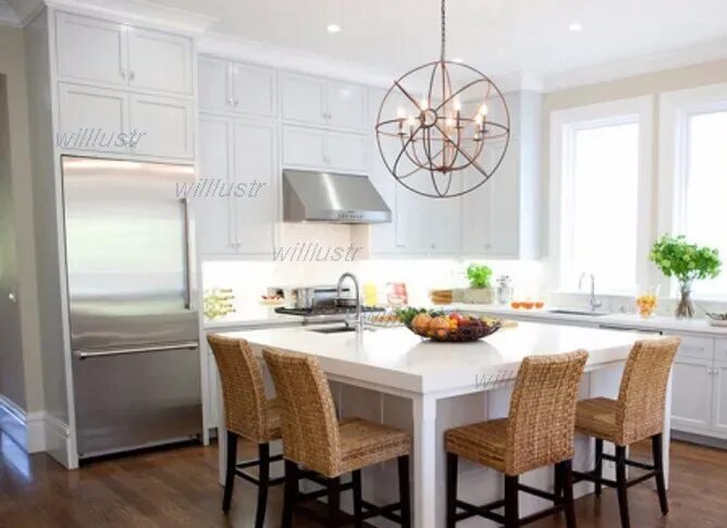 Кухня с обеденным столом планировка Винтажная Подвесная лампа FOUCAULT'S ORB, деревенская железная люстра в стиле ло