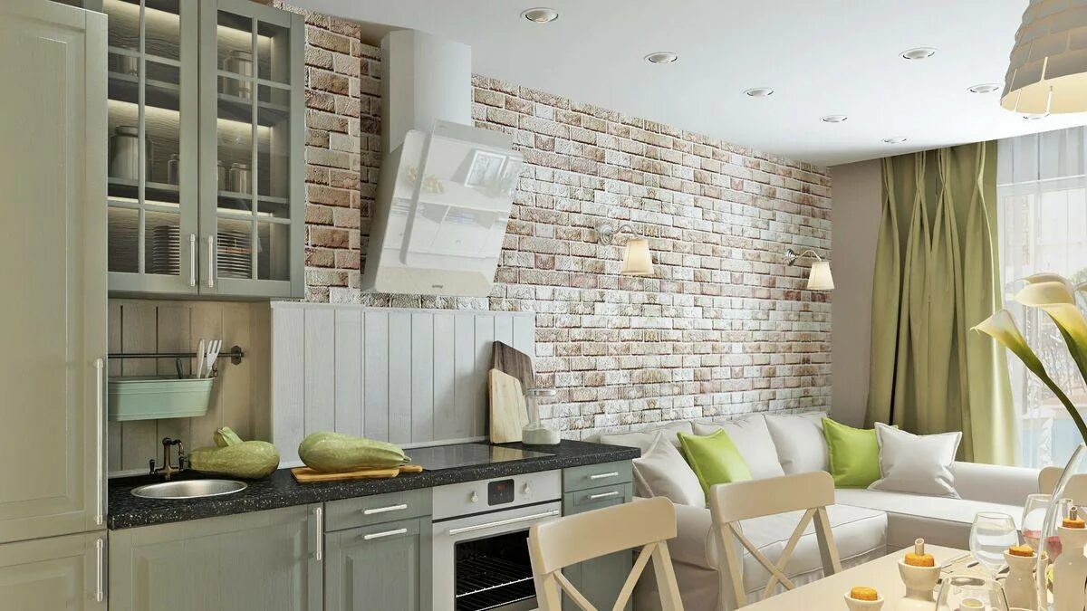 Кухня с обоями под кирпич дизайн фото Стены на кухне - стильный дизайн бюджетной и дорогой отделки стен с фото-обзором