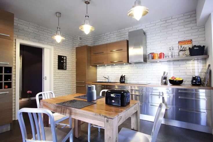 Кухня с обоями под кирпич дизайн фото Podobny obraz Best kitchen designs, Brick slips kitchen, Kitchen design