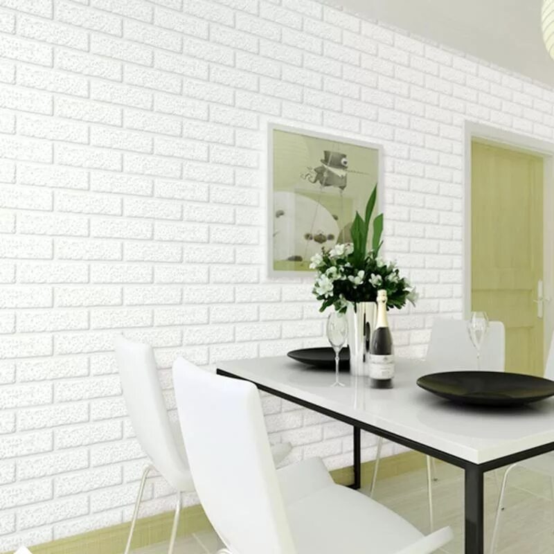 Кухня с обоями под кирпич дизайн фото 10x0.53m Bright 3D Pure Textured White Brick Stone Contact Paper Wallpaper Roll 