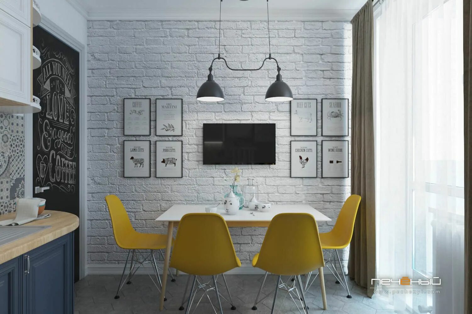 Кухня с обоями под кирпич дизайн фото Двушка для троих Современный декор стен, Дизайн, Интерьер