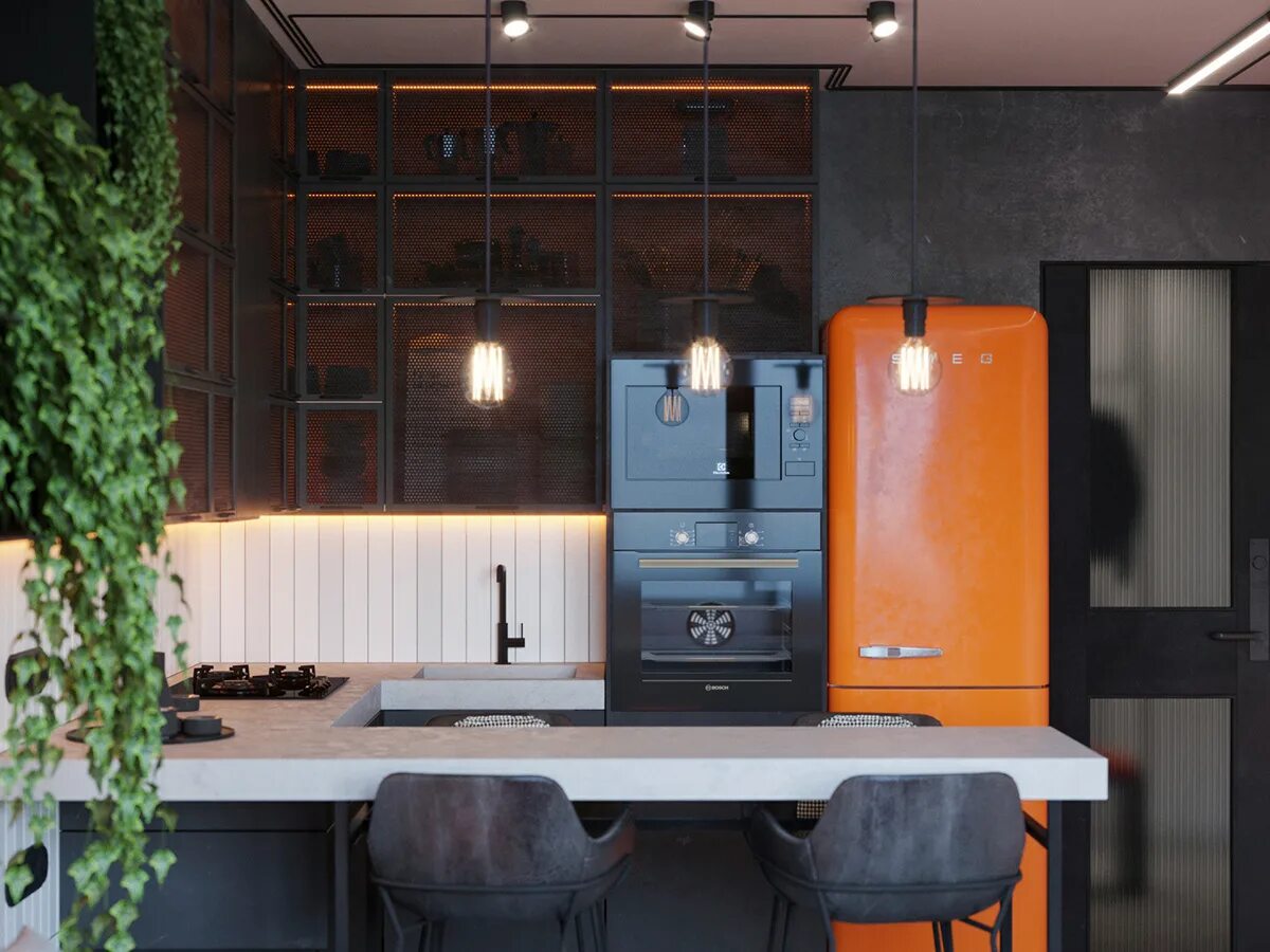 Кухня с оранжевым холодильником дизайн фото LOFT SPB (Kitchen-Hall) :: Behance