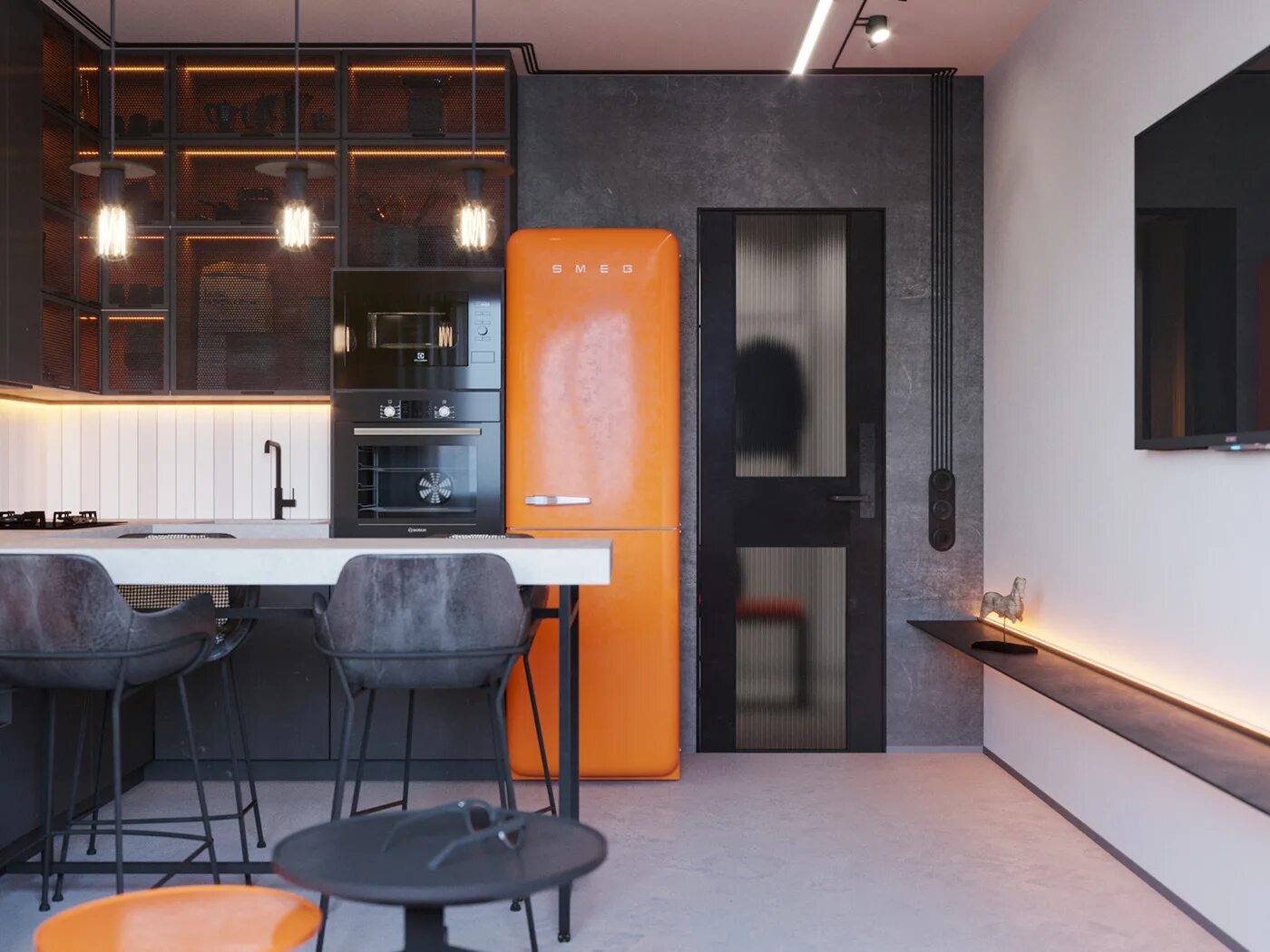 Кухня с оранжевым холодильником дизайн фото LOFT SPB (Kitchen-Hall) :: Behance