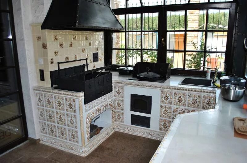 Кухня с печкой фото Панно фото, большая печь, проекты летних кухонь